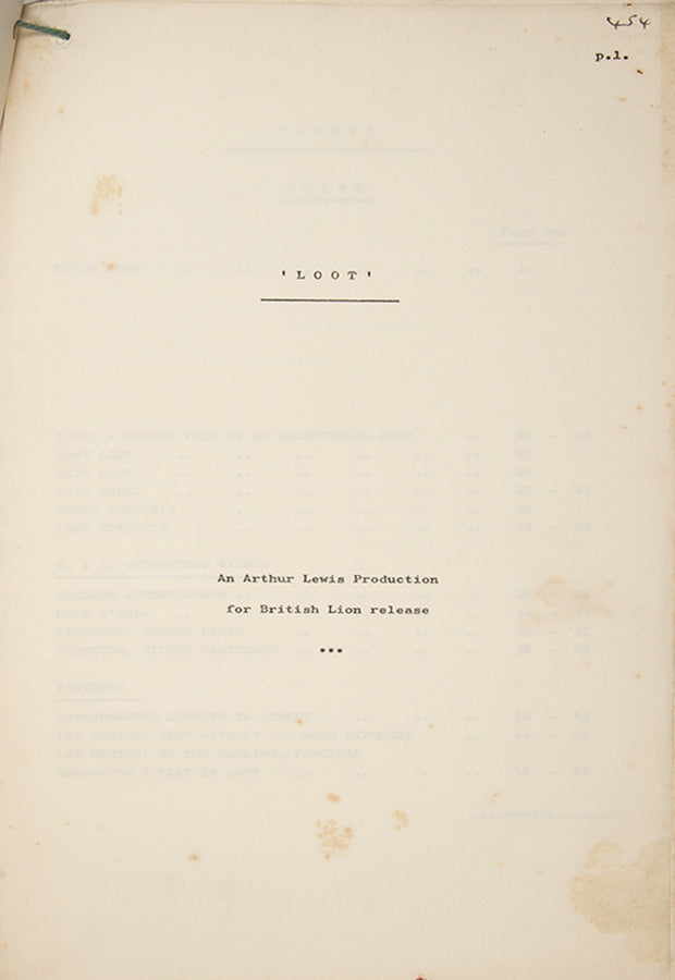 Original screenplay for the 1970 film adaptation of Joe Orton's 1965 stage play <em>Loot</em>, with the extremely scarce press pack used to promote the film's release.<br />