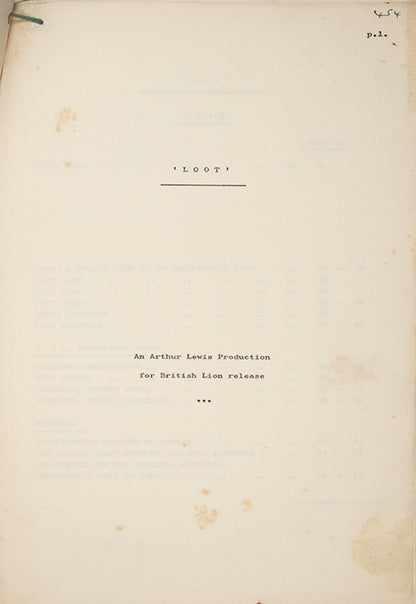 Original screenplay for the 1970 film adaptation of Joe Orton's 1965 stage play <em>Loot</em>, with the extremely scarce press pack used to promote the film's release.<br />