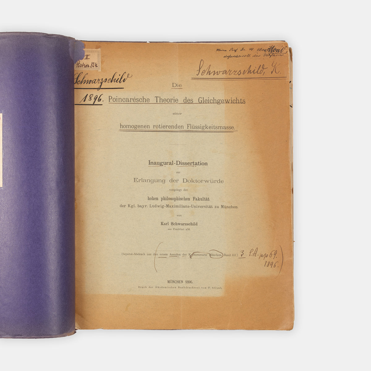 First edition, the rare offprint of astronomer and mathematician Karl Schwarzschild's doctoral dissertation on the theories of Poincaré, Die Poincarésche Theorie, published in 1896.