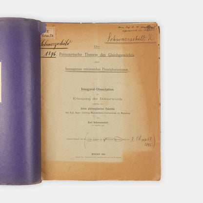 First edition, the rare offprint of astronomer and mathematician Karl Schwarzschild's doctoral dissertation on the theories of Poincaré, Die Poincarésche Theorie, published in 1896.