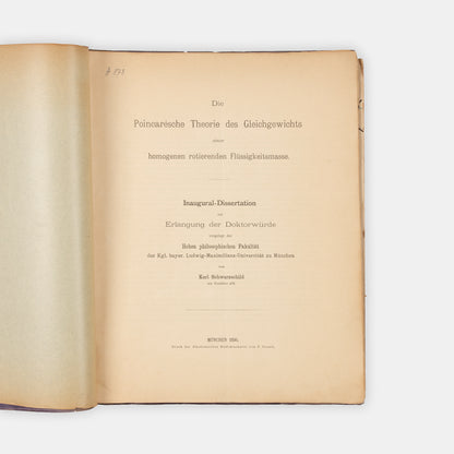 First edition, the rare offprint of astronomer and mathematician Karl Schwarzschild's doctoral dissertation on the theories of Poincaré, Die Poincarésche Theorie, published in 1896.