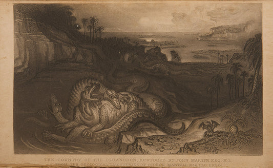 The rare first edition of The Wonders of Geology by Gideon Mantell, the first scientist to describe dinosaur species, with the John Martin mezzotint frontispiece.