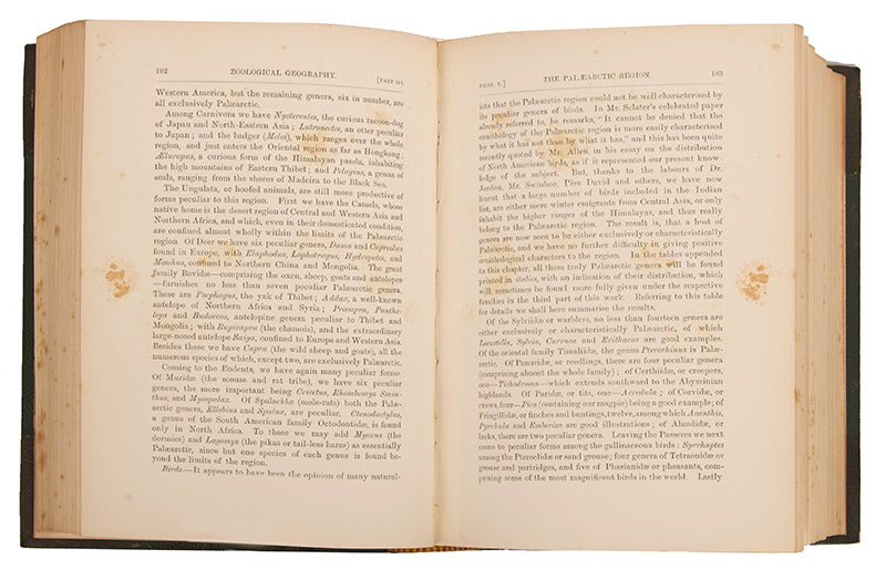 A finely bound first edition of Alfred Russel Wallace's important work on zoogeography, The Geographical Distribution of Animals, published in 1876.