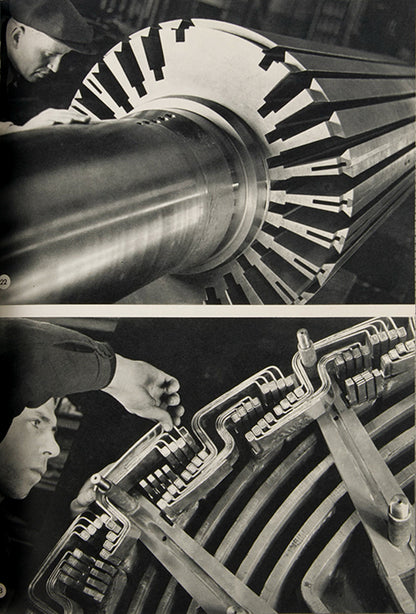 This company book includes Jakob Tuggener's photographs of the machinery in Maschinenfabrik Oerlikon's workshops and the men and women who operate it.