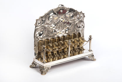 A magnificent example of 19th-century German 750 silver Hanukkah oil lamp, in great condition, missing the detachable shamash, as is often the case with Hanukkiot of that period.