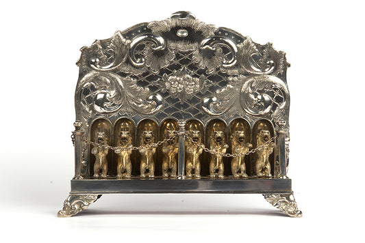 A magnificent example of 19th-century German 750 silver Hanukkah oil lamp, in great condition, missing the detachable shamash, as is often the case with Hanukkiot of that period.