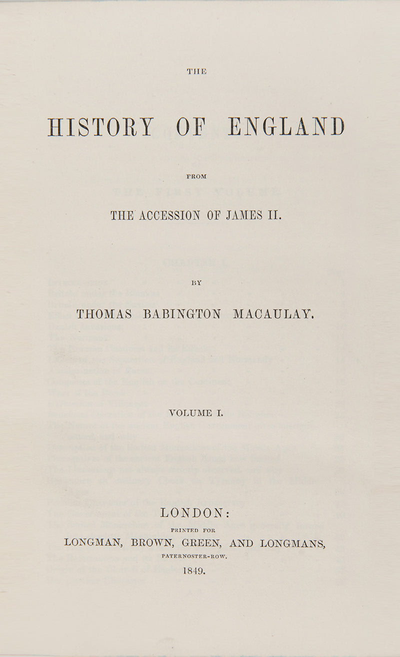 A handsome, uniformly-bound, 9 volume set of first editions, featuring The History of England, The Miscellaneous Writings, The Speeches, and Biographies.
