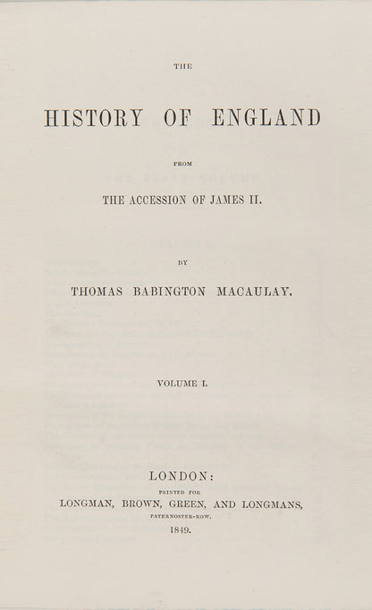 A handsome, uniformly-bound, 9 volume set of first editions, featuring The History of England, The Miscellaneous Writings, The Speeches, and Biographies.