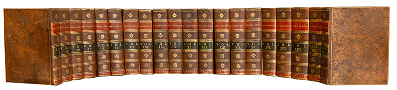 A beautiful set of the third edition of the Encyclopaedia Britannica, complete with the two supplementary volumes, illustrated with 592 engraved plates and maps.