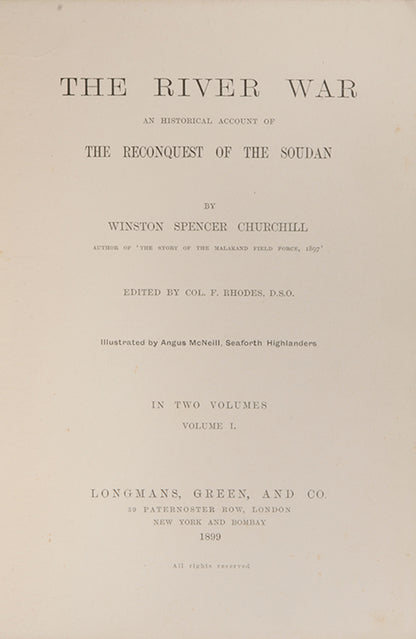 First edition, first issue, of Winston Churchill's The River War, his second work and a lovely copy.
