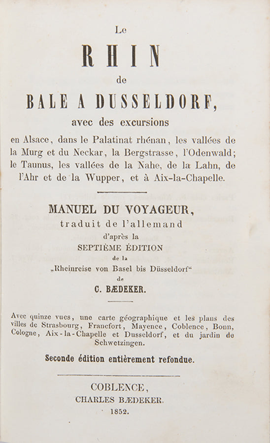 The architectural and landscape designs on the Biedemeier bindings represent the area covered by Baedeker.