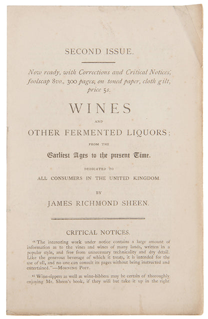 A lovely association copy of James Richmond Sheen's popular guide to Wines and Other Fermented Liquors