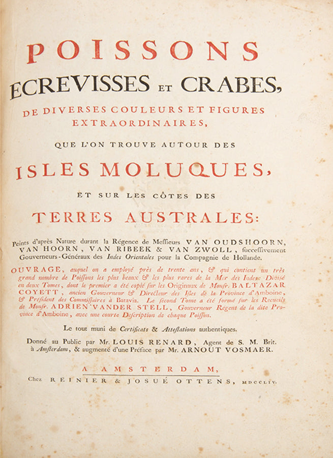 The second edition of Louis Renard's Poissons, Ecrevisses et Crabes, the first colour printed book on fish, among the rarest and most beautiful of all works of this type.