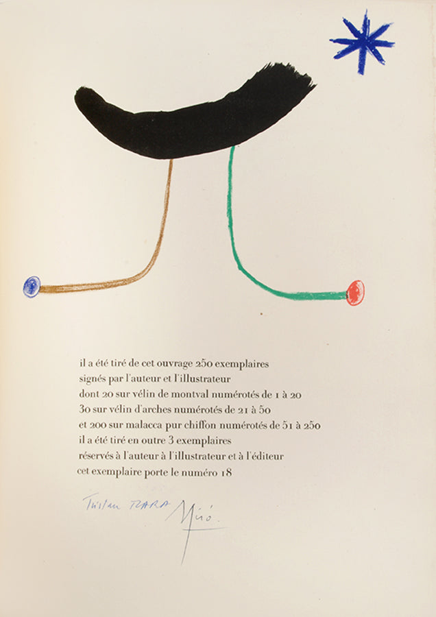 Limited edition of Parler Seul Poeme by Tristan Tzara with an additional lithograph by Joan Miro heightened and signed by the artist.
