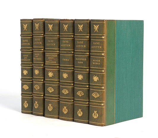 A habndsome set of Jane Austen's six published novels, bound by Sangorski & Sutcliffe in green morocco backed cloth boards.
