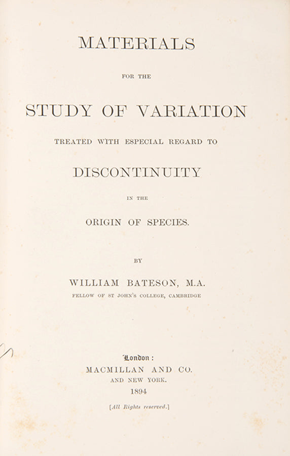 First edition of William Bateson's Materials for the Study of Variation, his most important book published before he became a founder of genetics.