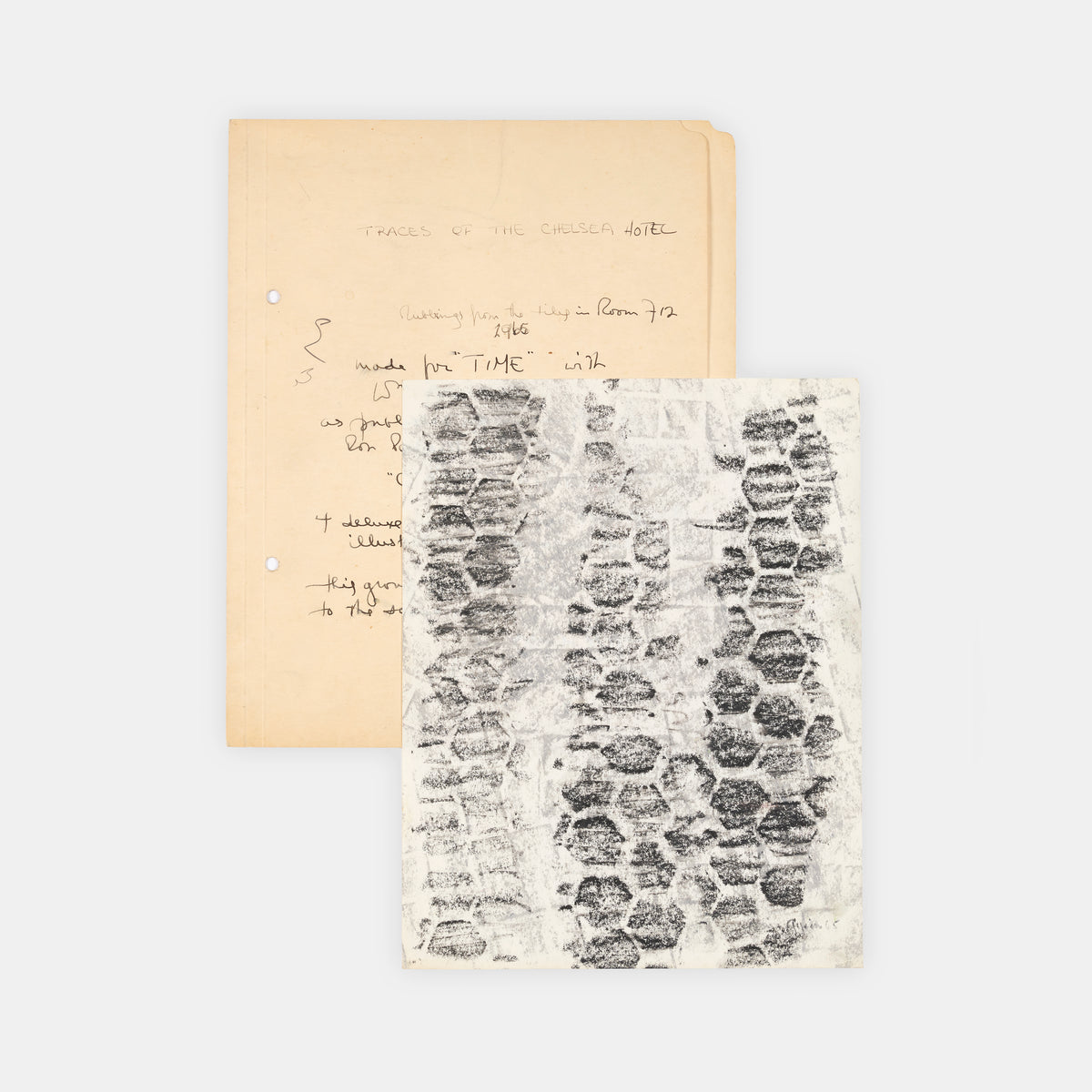 One of only five rubbings made by Brion Gysin and William S. Burroughs of the bathroom tile in room 712 of the Chelsea Hotel, signed and dated 1965 by Gysin.