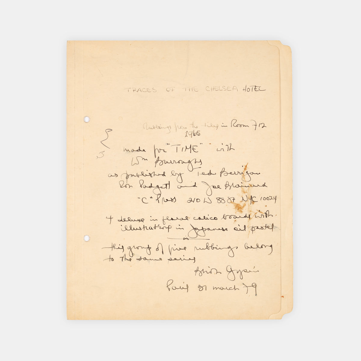 One of only five rubbings made by Brion Gysin and William S. Burroughs of the bathroom tile in room 712 of the Chelsea Hotel, signed and dated 1965 by Gysin.