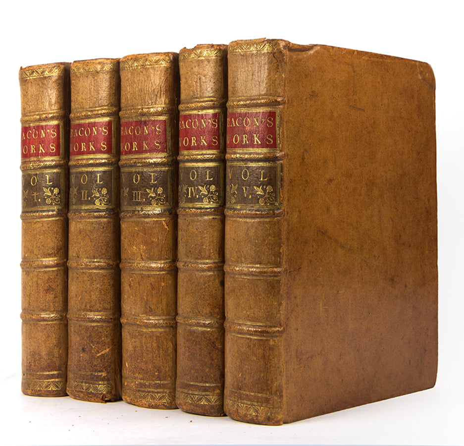A beautifully bound set of the collected works of Sir Francis Bacon, Lord Verulam, Viscount St. Alban, English polymath and statesman who served as Lord Chancellor of England