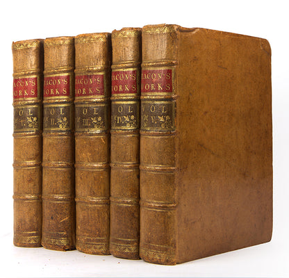 A beautifully bound set of the collected works of Sir Francis Bacon, Lord Verulam, Viscount St. Alban, English polymath and statesman who served as Lord Chancellor of England