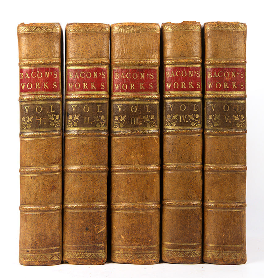 A beautifully bound set of the collected works of Sir Francis Bacon, Lord Verulam, Viscount St. Alban, English polymath and statesman who served as Lord Chancellor of England