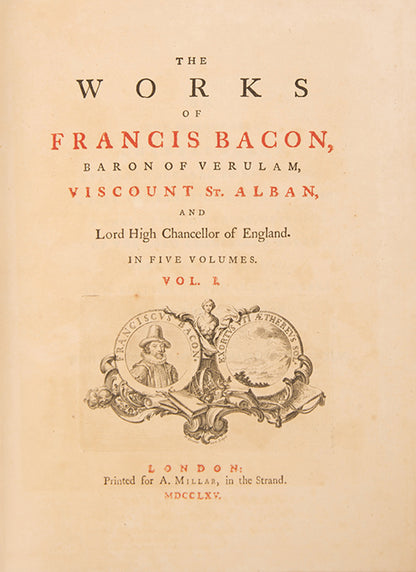 A beautifully bound set of the collected works of Sir Francis Bacon, Lord Verulam, Viscount St. Alban, English polymath and statesman who served as Lord Chancellor of England