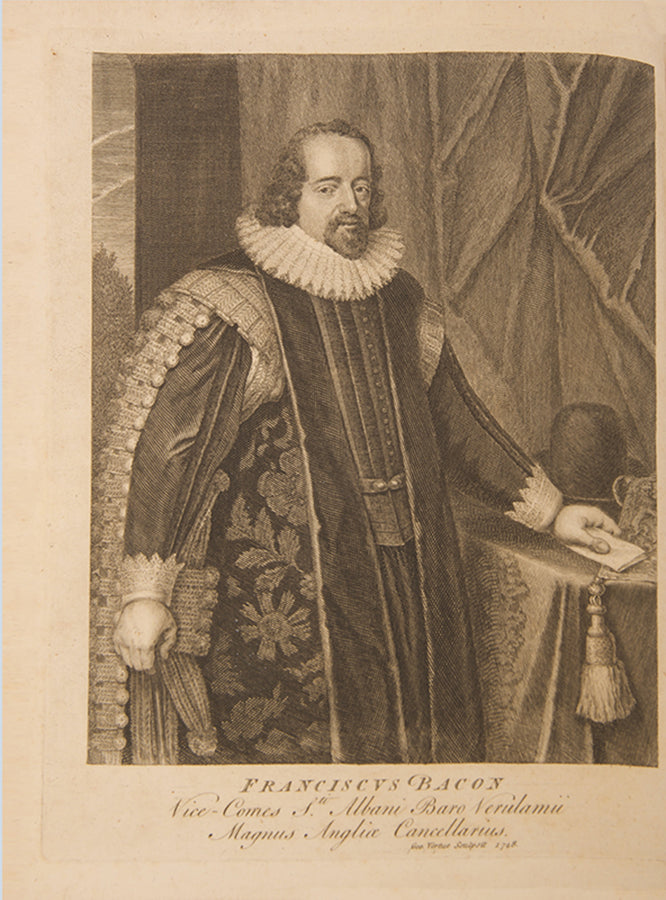 A beautifully bound set of the collected works of Sir Francis Bacon, Lord Verulam, Viscount St. Alban, English polymath and statesman who served as Lord Chancellor of England