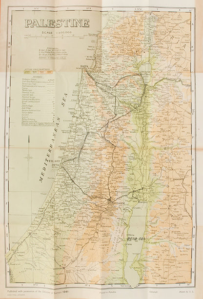 Scarce WWII-era colour physical map of Palestine, published by Steimatzky. Folding map in its original wrappers.