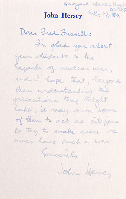 First edition of John Hersey's Hiroshima, with an original handwritten letter signed by the author.