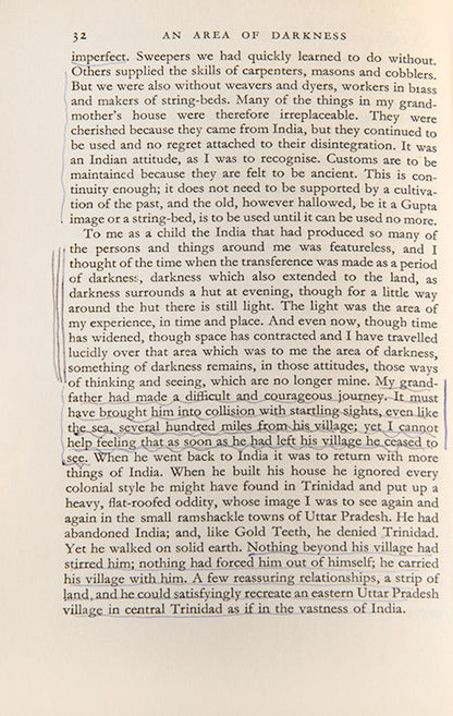 First edition of An Area of Darkness by V.S. Naipaul, 1964.