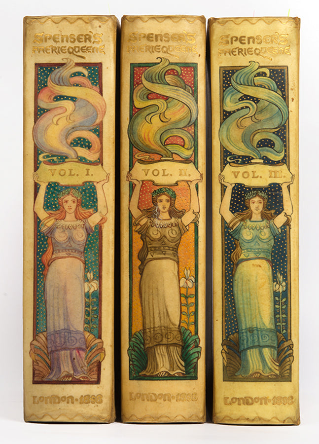 One of 100 copies of The Faerie Queene by Edmund Spenser, bound by Cedric Chivers, with 26 illustrations by John W Hales, in  original full vellucant vellum, 1897