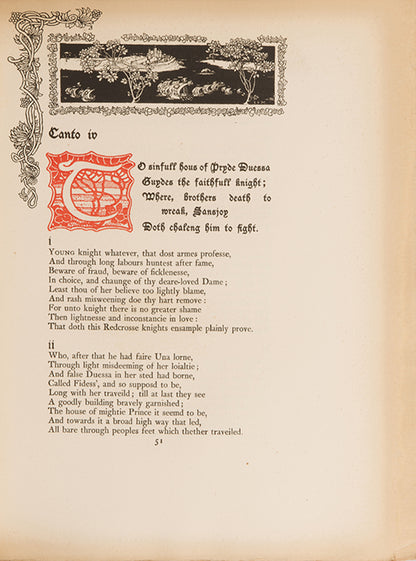 One of 100 copies of The Faerie Queene by Edmund Spenser, bound by Cedric Chivers, with 26 illustrations by John W Hales, in  original full vellucant vellum, 1897
