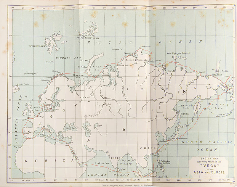 First English edition of Nordenskiöld's Voyage round Asia and Europe by A. Hovgaard, the narrative of the  the first Arctic expedition to navigate through the Northeast Passage and the first voyage to circumnavigate Eurasia.