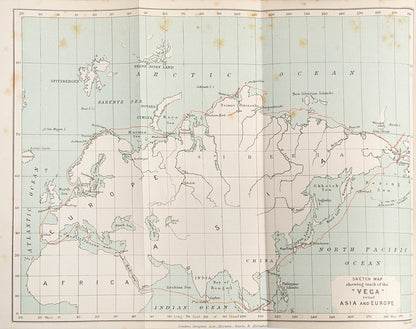 First English edition of Nordenskiöld's Voyage round Asia and Europe by A. Hovgaard, the narrative of the  the first Arctic expedition to navigate through the Northeast Passage and the first voyage to circumnavigate Eurasia.