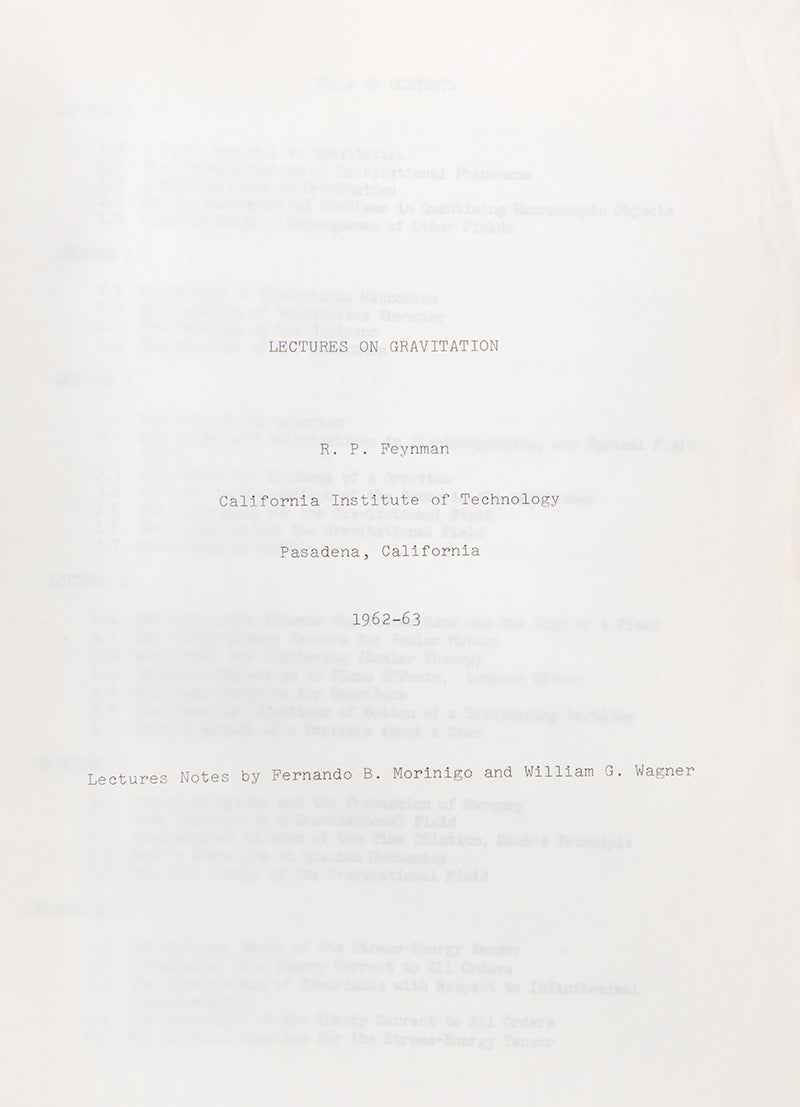 Early Xerox'd copy of Richard Feynman's important Lectures on Gravitation originally published as a mimeograph by the Caltech bookstore in 1963. 