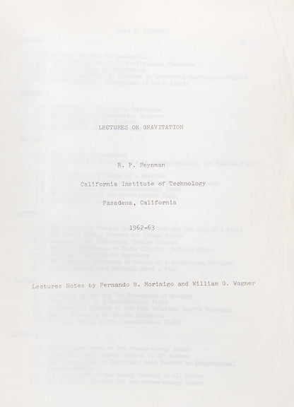 Early Xerox'd copy of Richard Feynman's important Lectures on Gravitation originally published as a mimeograph by the Caltech bookstore in 1963. 