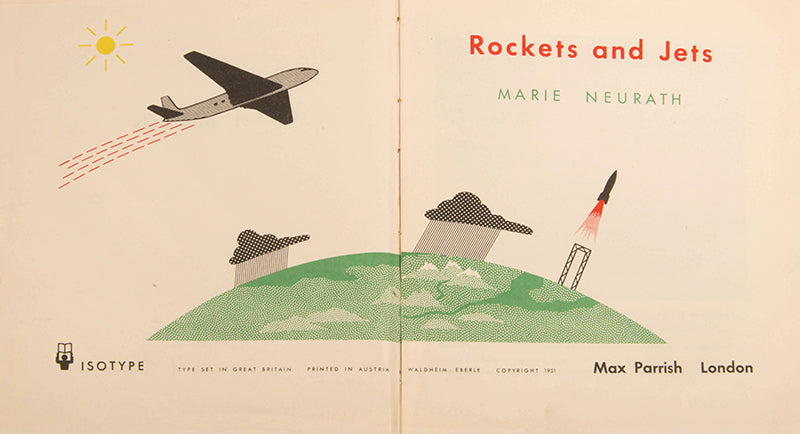 First edition of the children's book Rockets and Jets by graphic design pioneer Marie Neurath, in the rare dust jacket.