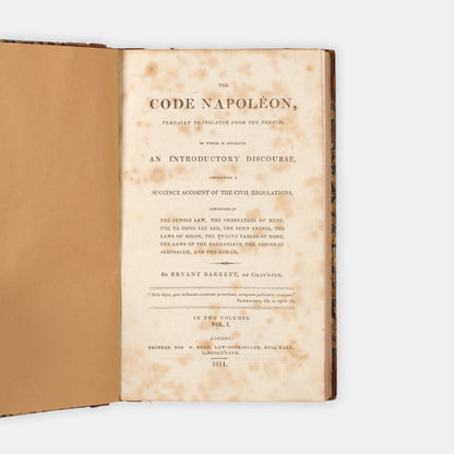 The first edition in English of the Code Napoléon, translated by Bryant Barrett of Gray's Inn