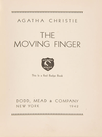 A true first edition of Christie's novel, The Moving Finger, featuring Miss Maple.