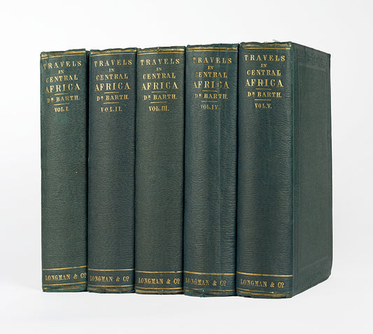 First edition of Travels and Discoveries in North and Central Africa by Henry Barth, rare to find in original cloth.