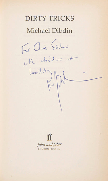 A first edition inscribed by the author, Micheal Dibdin, to fellow author, Clive Sinclair, in very good condition.