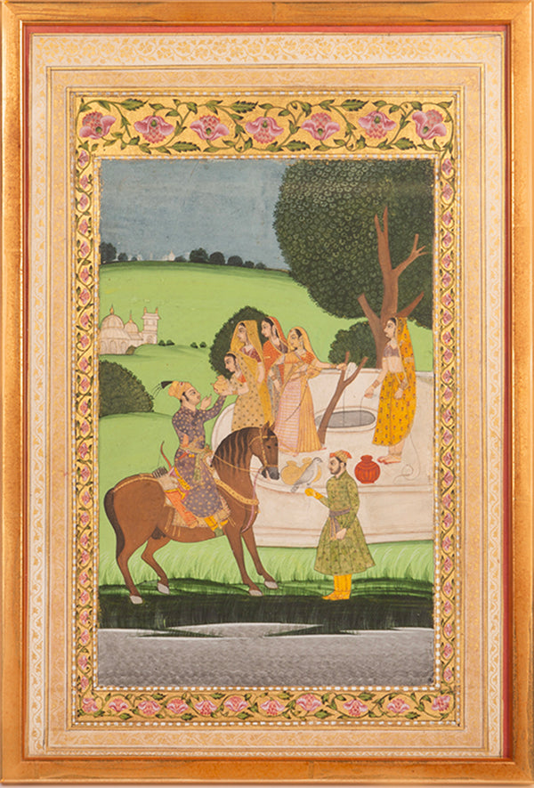 An indian miniature painting from Murshidabad of a prince and village girl at a well, 18th century.