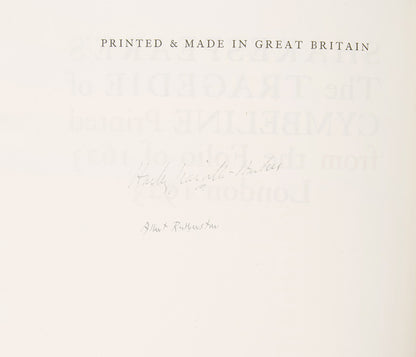 Signed limited edition of William Shakespeare's The Tragedie of Cymbeline, this edition limited to 100 copies on Batchelor's Kelmscott hand-made paper.