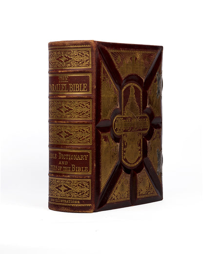 Parallel Bible, lavishly bound in full leather, gilt decoration, containing many explanatory texts and several illustrations and maps