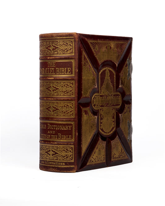 Parallel Bible, lavishly bound in full leather, gilt decoration, containing many explanatory texts and several illustrations and maps