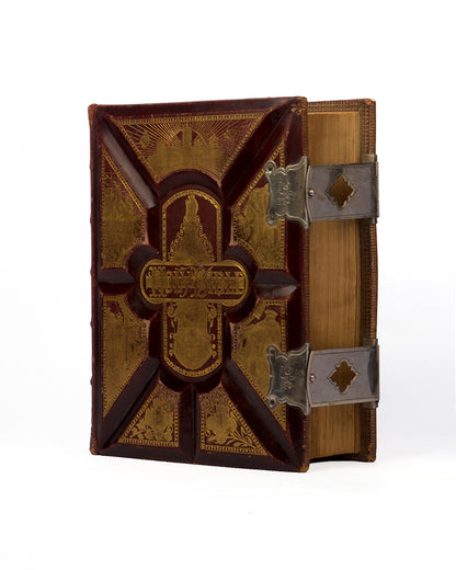 Parallel Bible, lavishly bound in full leather, gilt decoration, containing many explanatory texts and several illustrations and maps