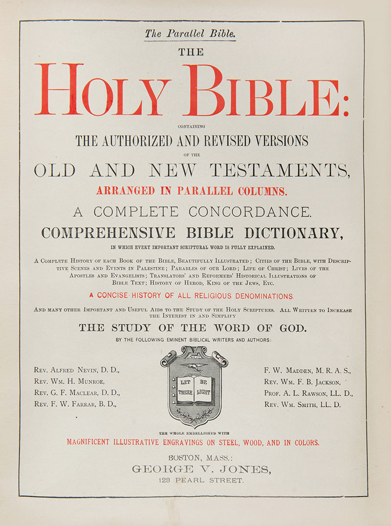 Parallel Bible, lavishly bound in full leather, gilt decoration, containing many explanatory texts and several illustrations and maps
