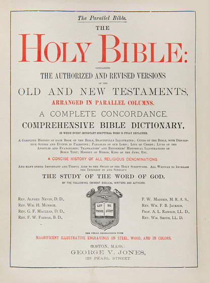 Parallel Bible, lavishly bound in full leather, gilt decoration, containing many explanatory texts and several illustrations and maps