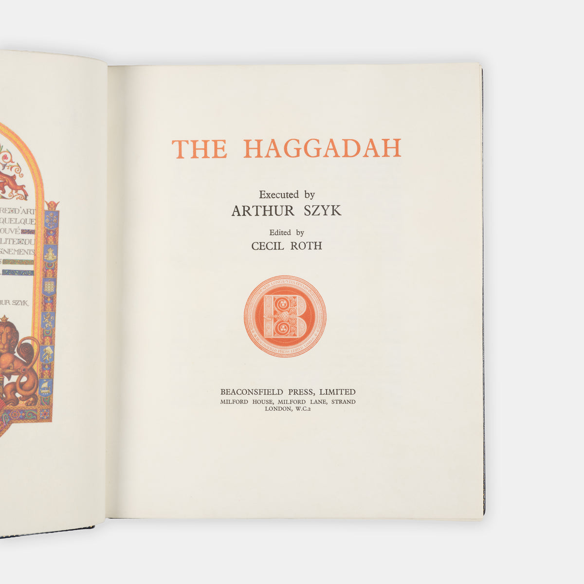 The magnificantly illustrated Haggadah by Arthur Szyk, edited by Cecil Roth, printed on vellum.