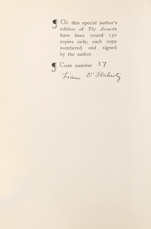 First edition of The Assassin by Liam O'Flaherty, one of 150 copies numbered and signed by the author.